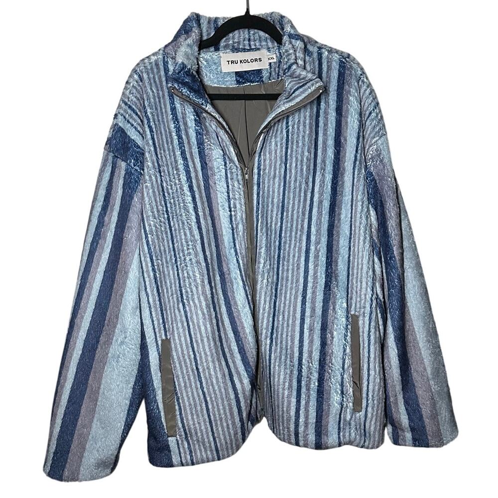 Tru Kolors Blue Striped Fleece Full Zip Jacket Size XXL Men's Sherpa Matching